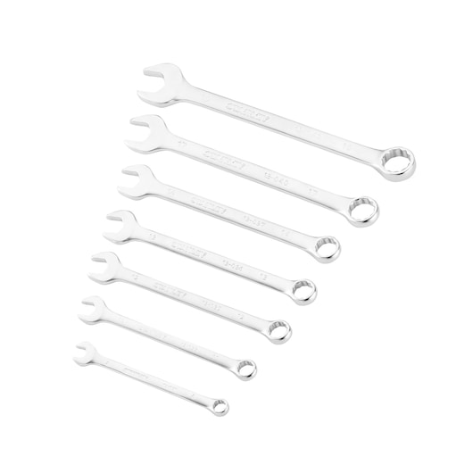 STANLEY FMMT82844-0 set of seven silver combination wrenches, angled view on white background.