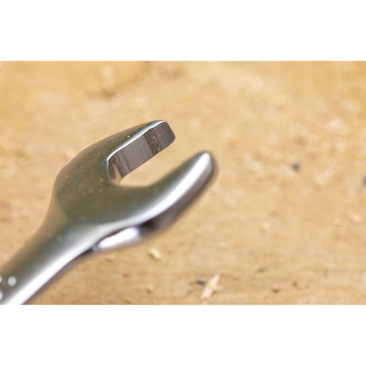 STANLEY FMMT82844-0 open-end wrench close-up photography on a wood surface.