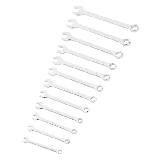 Set of twelve silver combination wrenches arranged in size order on a white background.