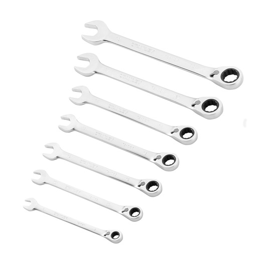 STANLEY FMMT82848-0 set of seven combination ratcheting wrenches, silver finish, photography on white background.