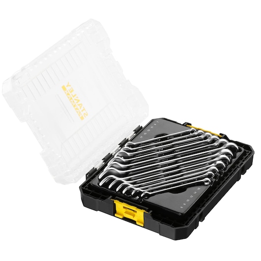 STANLEY FMMT98104-0 combination spanner set in black and yellow plastic case, photographed at an angle with lid open.