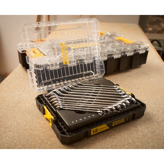 STANLEY FMMT98104-0 wrench set in black plastic case with clear lid, photo at tabletop angle.