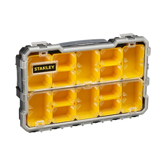 STANLEY FMST1-75779 small parts organizer with yellow compartments and clear lid, front angle.