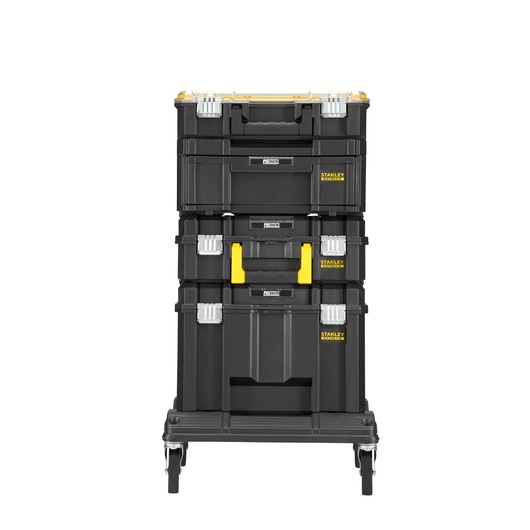 STANLEY FMST1-80107 photography of stackable black toolboxes with yellow highlights, front view on white.