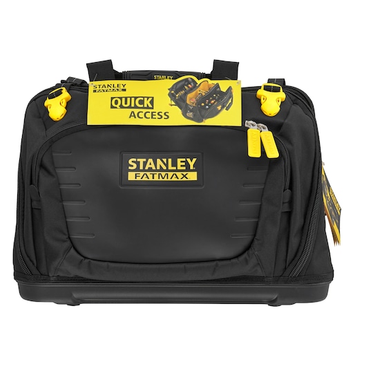 STANLEY FMST1-80147 tool bag, black with yellow accents, front view on white background.