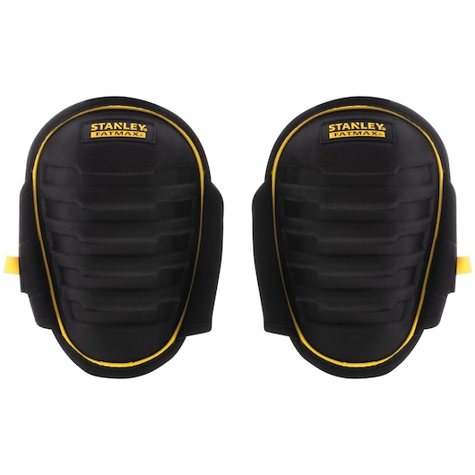 Photo of STANLEY FMST82959-1 black and yellow knee pads, front angle on white background.