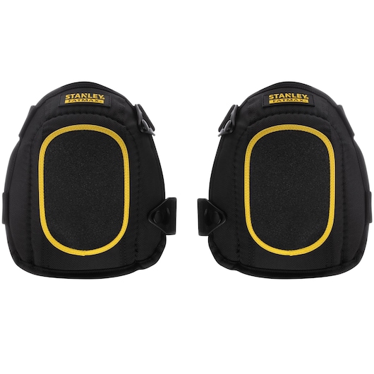 STANLEY FMST82962-1 black knee pads with yellow trim, front angle, protective gear category.