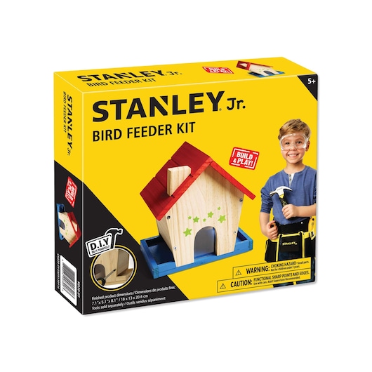 Front angle of STANLEY Jr. bird feeder kit box with wooden birdhouse model and DIY label.