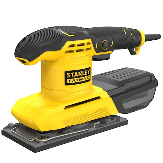Photo of STANLEY KFFMEW210K electric sander, yellow and black, side angle on white background.