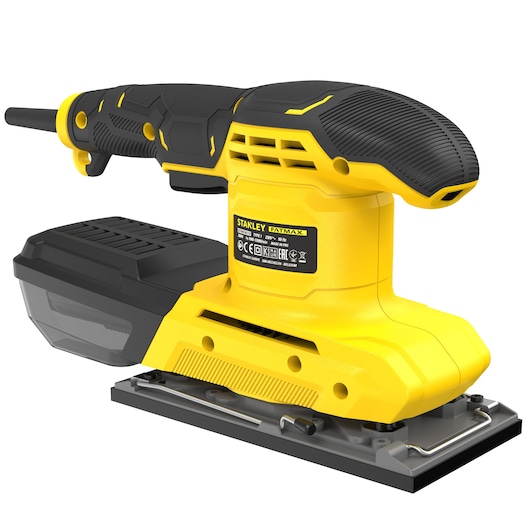 STANLEY KFFMEW210K yellow and black electric sander, front right angle, showing handle and dust box.