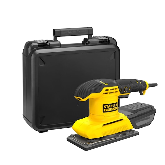 STANLEY KFFMEW210K yellow and black electric sander with carrying case, front angle, photography.