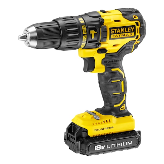 Photo of STANLEY FATMAX KFMCD628D1K cordless 18V lithium drill, brushless, yellow and black, side angle on white.