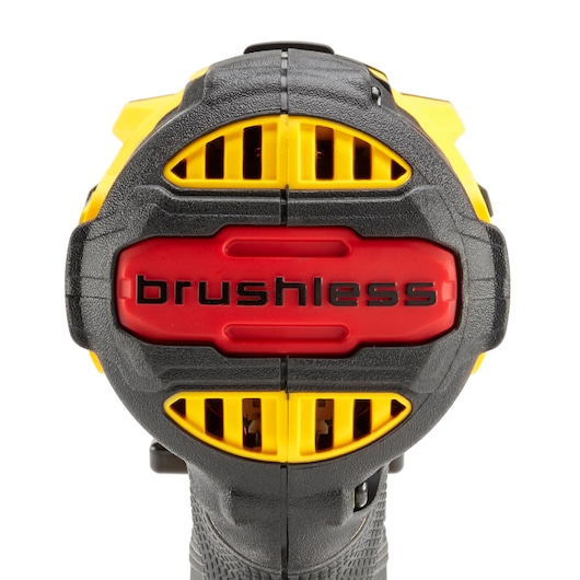 STANLEY KFMCD628D1K cordless drill rear view showing black and yellow housing with red 'brushless' label.