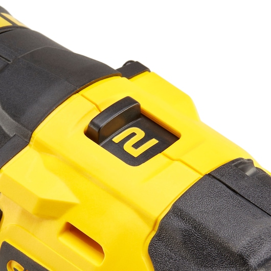 STANLEY KFMCD628D1K yellow and black drill close-up showing speed selector switch, photography on white background.