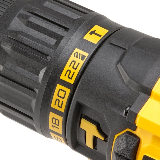 STANLEY KFMCD628D1K close-up photo of black and yellow drill torque adjustment ring with numbers and icons visible.