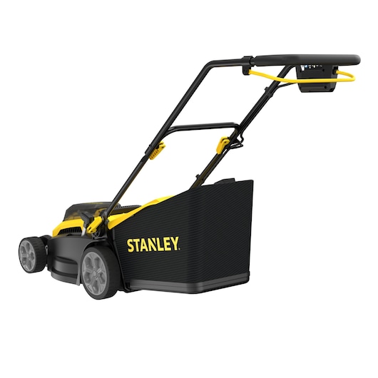 STANLEY SCMWP3701M2 cordless lawn mower, black and yellow, rear angle on white background.