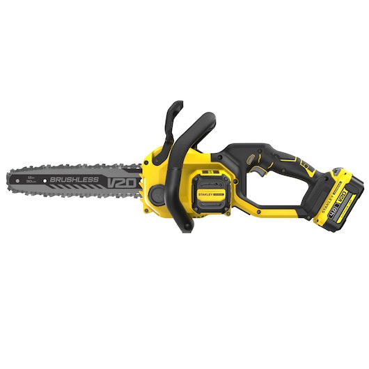 STANLEY SFMCCS730M1 cordless chainsaw, yellow and black, side angle on white background.