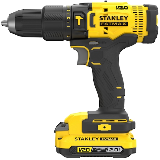 Photo of STANLEY SFMCD711D11 cordless drill in yellow and black, side view on white background.