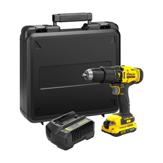 STANLEY SFMCD711D11 cordless drill kit with hard case and battery charger, product front angle.
