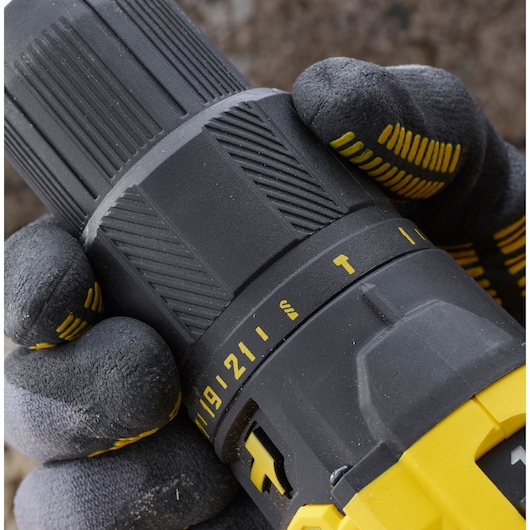 STANLEY SFMCD711D21 drill close-up showing textured grip and torque settings, photo of product category Photography.