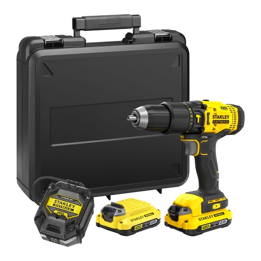 STANLEY SFMCD711D21 yellow and black cordless drill kit with case, charger, and two batteries, front angle.