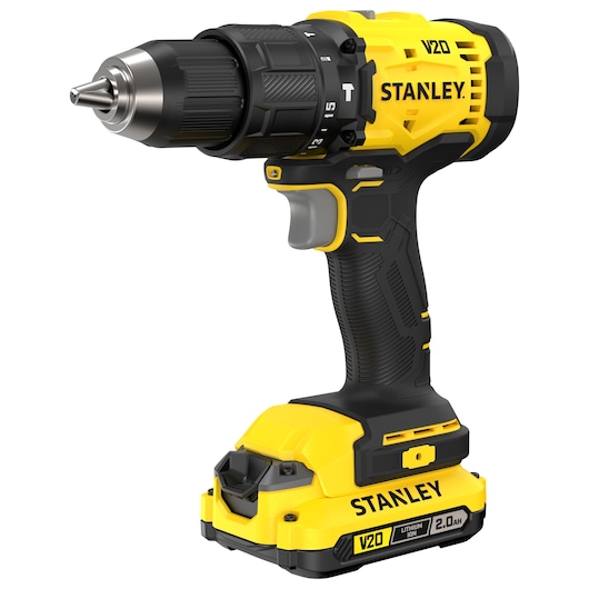 Stanley V20 yellow cordless drill with black grip and lithium-ion battery pack.