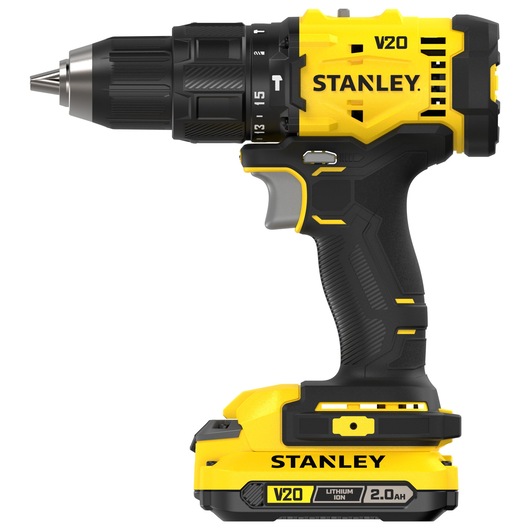 Stanley V20 cordless drill with black and yellow design, lithium-ion battery, ergonomic grip, side view.