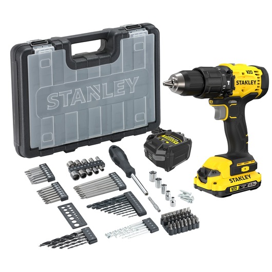 Stanley cordless drill kit with accessories, bits, screwdriver, battery, and carrying case.