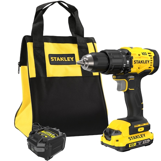 Stanley cordless drill kit with yellow-black bag, battery and charger, model V20 SFMCD712D1S.