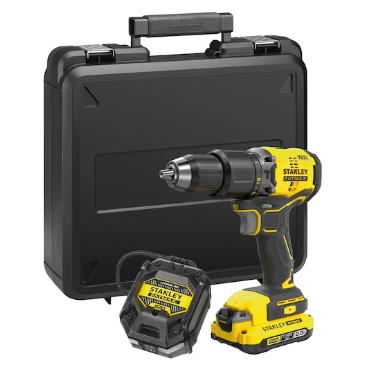 STANLEY SFMCD715D1K cordless drill with battery, charger and black carrying case, front angle.