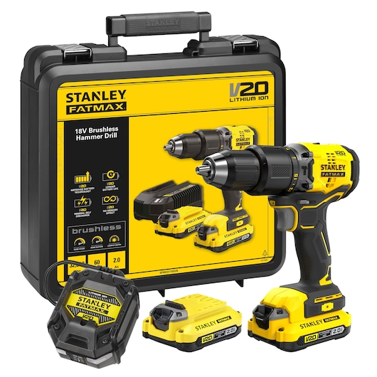 STANLEY SFMCD715D2K V20 hammer drill kit, 18V brushless, yellow-black, with batteries and case, front angle.