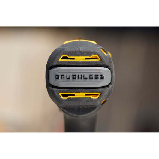 STANLEY SFMCD715M12 drill closeup showing brushless motor label, black and yellow casing.