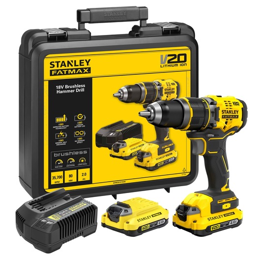 STANLEY SFMCD721D2K brushless 18V hammer drill set with case, charger, and two batteries, product front angle.