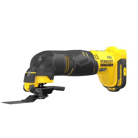 Photo of STANLEY SFMCE500B cordless oscillating multi-tool, black and yellow, angled right on white background.