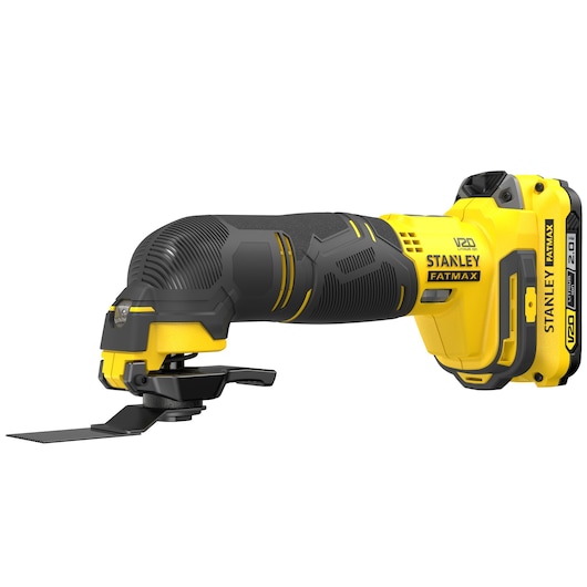 Photo of STANLEY SFMCE500D2K cordless multi-tool, yellow and black, side angle, visible blade attachment.