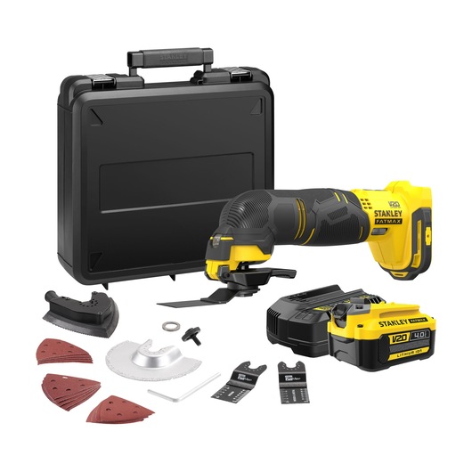 Stanley cordless multi-tool set with case, accessories, battery, charger, and sanding pads.