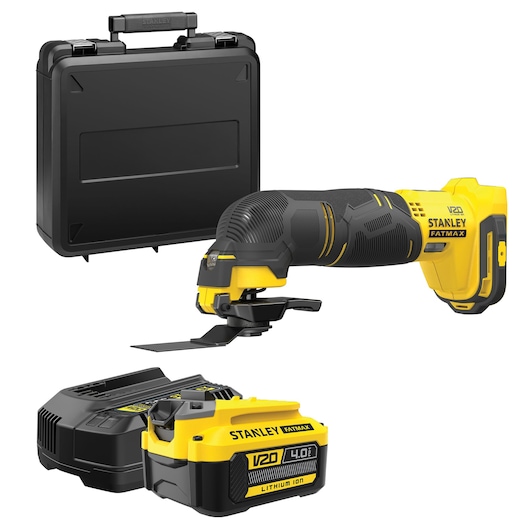 Stanley cordless multi-tool set with case, battery, charger and tool with blade attachment.