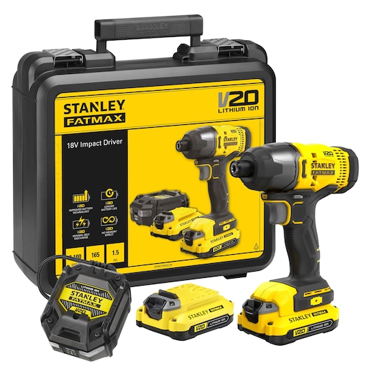 STANLEY SFMCF800C2K 18V Impact Driver kit, yellow and black, with batteries and carry case, front angle.