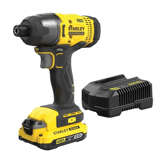 Stanley Fatmax V20 cordless impact driver with 2.0Ah lithium-ion battery and charger.