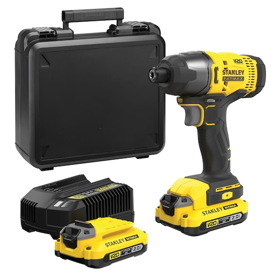 Stanley Fatmax V20 cordless impact driver kit with case, batteries, and charger shown.