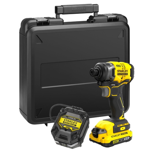 STANLEY SFMCF810D1K cordless impact driver with battery, charger and black carrying case, front angle.