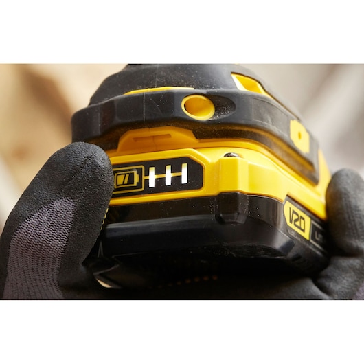 STANLEY SFMCF810D2K cordless tool close-up with battery indicator, yellow and black color.