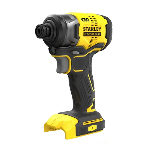 Stanley SFMCF810M1K cordless impact driver, yellow and black, right angle view on white background.