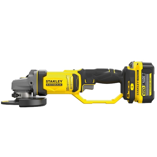 STANLEY SFMCG400M1K cordless angle grinder, yellow and black, side view, on white background.