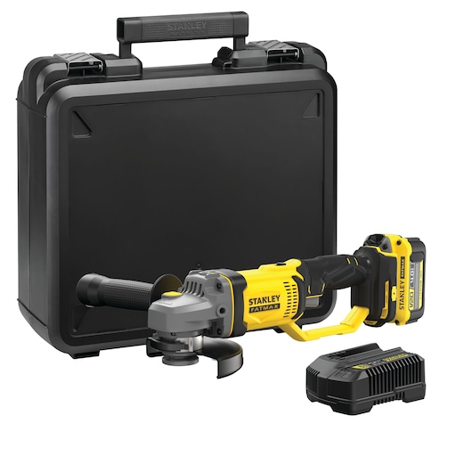 STANLEY SFMCG400M1K cordless angle grinder kit, yellow and black, with case and charger, front angle.