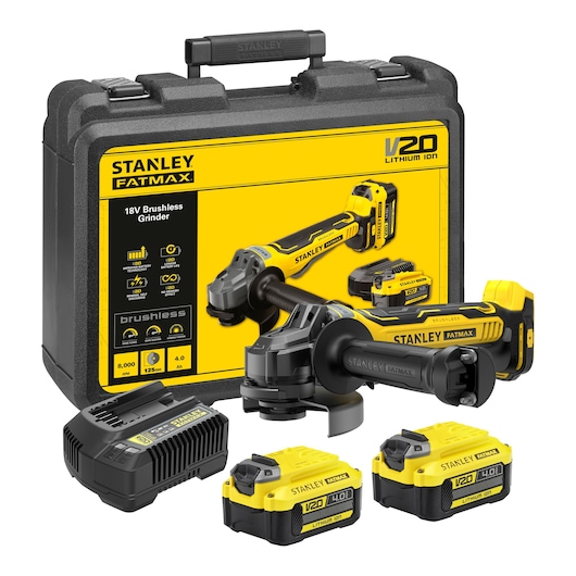 Stanley SFMCG700M2K brushless grinder kit with case, charger, and two V20 lithium-ion batteries, front angle.