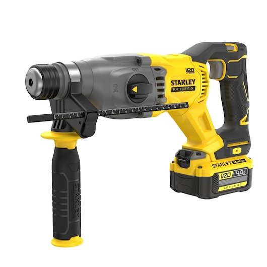 Photo of STANLEY SFMCH900M12 cordless rotary hammer drill, yellow and black, side angle on white background.