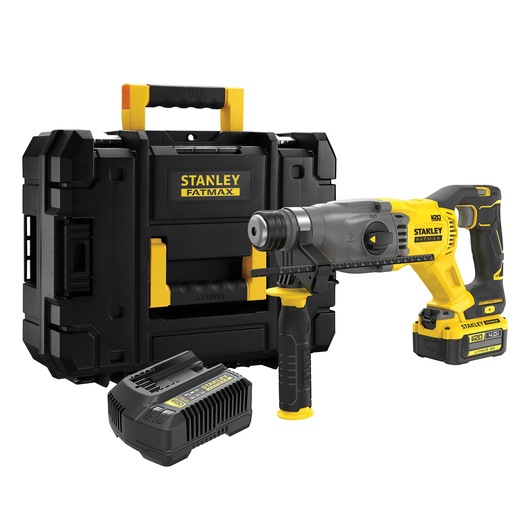 STANLEY SFMCH900M12 rotary hammer drill kit with battery, charger, and carrying case, front angle.