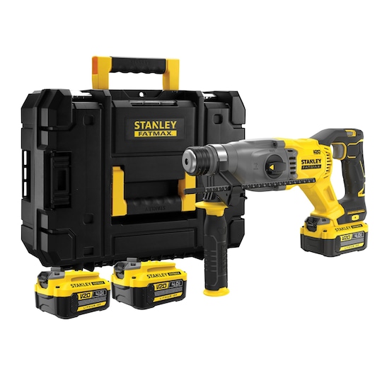 Stanley SFMCH900M22 cordless rotary hammer kit with case and three yellow V20 batteries, front angle.