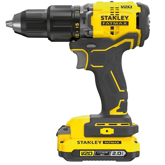 STANLEY SFMCK461D2S cordless drill in yellow and black, side view, with V20 Lithium Ion 2.0 battery pack.
